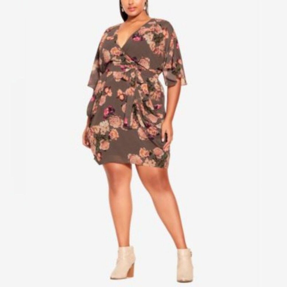City Chic Brooke Cocoa Brown Boho Floral Mini Dress Plus Size 22 NWT